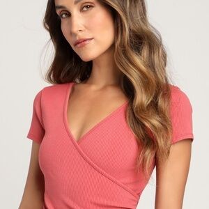 Lulus All Day Fave Rusty Rose Ribbed Surplice Short Sleeve Bodysuit Pink